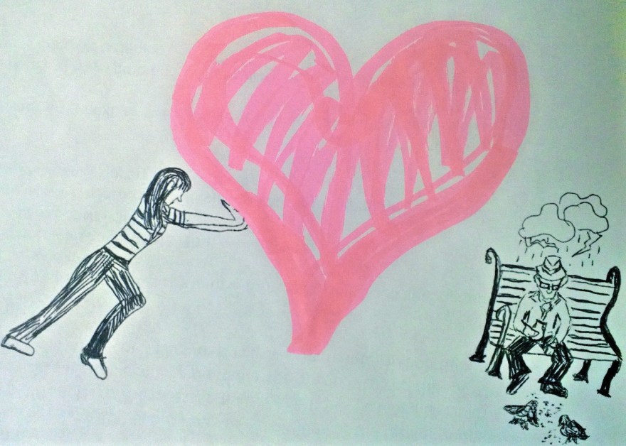 women pushing a heart toward an elderly man on a bench feeding birds