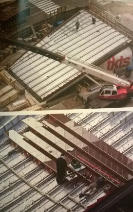 Figure 2. Stringer Beam installation (top)Tread Installation (bottom)..  Killory, Christine, and René Davids. "TKTS Booth New York New York. “Details, Technology, and Form. N.p.: n.p., n.d. 161.  Print.